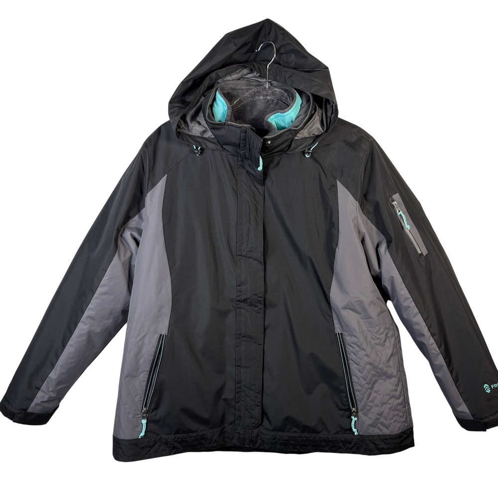 Free Country Radiance 3-in-1 Systems Jacket Womens XL Black Grey Aqua Hooded